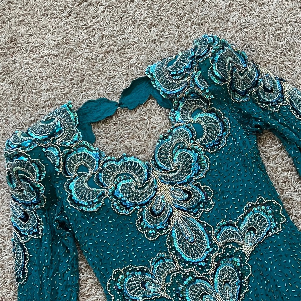 Vintage Landa Teal Silk Beaded Sequin Evening Gown Long Sleeve Formal Dress 12